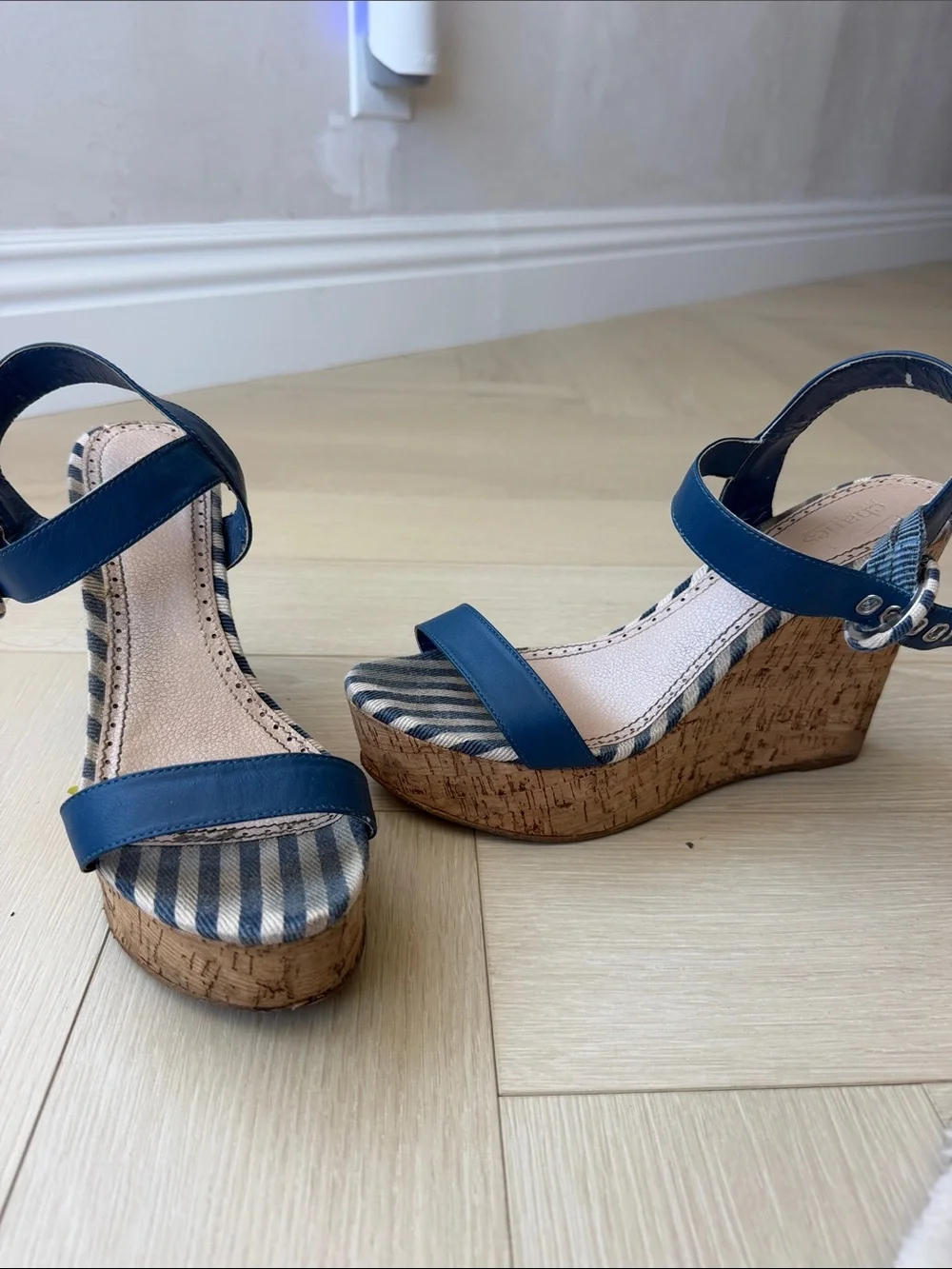 Charles by Charles David Navy Blue Striped Cork Wedge Sandals